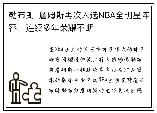 勒布朗-詹姆斯再次入选NBA全明星阵容，连续多年荣耀不断