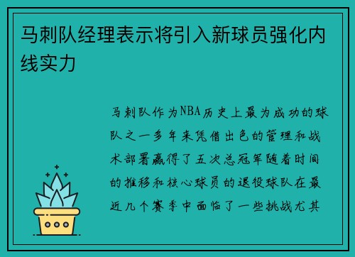 马刺队经理表示将引入新球员强化内线实力