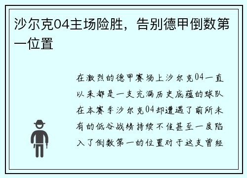 沙尔克04主场险胜，告别德甲倒数第一位置
