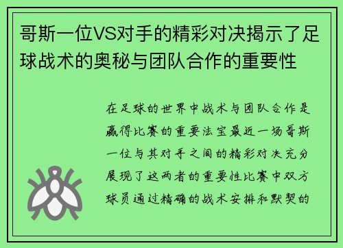 哥斯一位VS对手的精彩对决揭示了足球战术的奥秘与团队合作的重要性